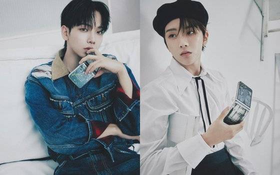 지난해 11월 삼성전자가 메종 마르지엘라와 협업해 진행한 보이넥스트도어 갤럭시 Z 플립 5 화보. 왼쪽부터 멤버 명재현, 운학. 사진 보그