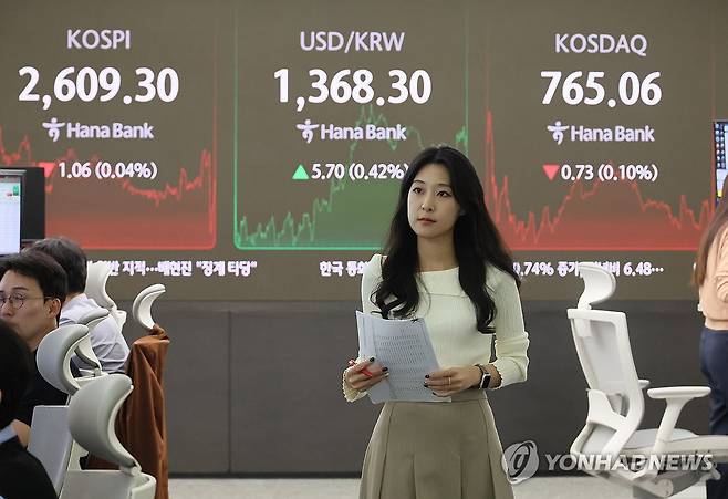 코스피, 2,600대 약보합 마감…코스닥도 하락 (서울=연합뉴스) 이정훈 기자 = 17일 서울 중구 하나은행 본점 딜링룸 현황판에 지수가 표시돼 있다.
이날 코스피 지수는 전장 대비 1.06포인트(0.04%) 내린 2,609.30에 코스닥 지수는 전 거래일보다 0.73포인트(0.10%) 내린 765.06에 마감했다. 2024.10.17 uwg806@yna.co.kr