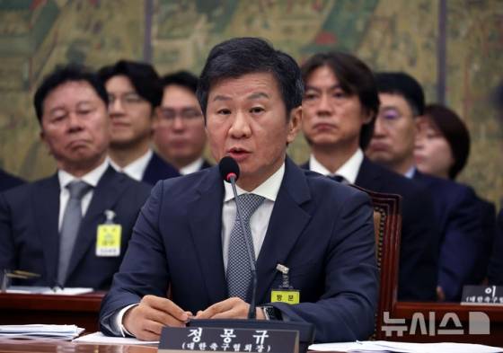 정몽규 대한축구협회장이 지난 9월 24일 서울 여의도 국회에서 열린 문화체육관광위원회의 대한축구협회 등에 대한 현안질의에서 의원 질의에 답하고 있다. /사진=뉴시스