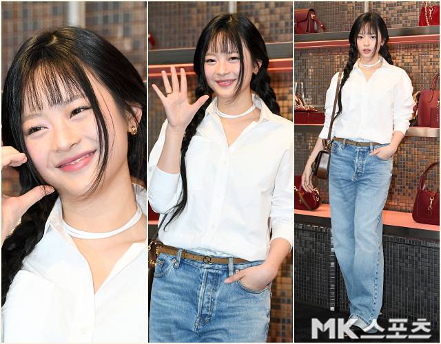 뉴진스 하니가 22일 오후 서울 용산구 이태원 구찌 가옥에서 열린 ‘두 개의 이야기: 한국 문화를 빛낸 거장들을 조명하며’ 사진전 포토월 행사에 참석하고 있다. 사진=천정환 기자