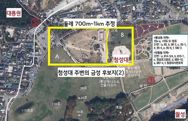 첨성대 주변의 금성 후보지. 700~1km 정도의 소형 성곽이 존재했을 가능성이 제기되고 있다.|여호규 교수 제공