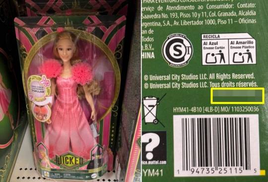 인형 제조사 마텔이 출시한 영화 ‘위키드’ 인형 포장지에 성인사이트 주소가 적혀 있는 모습. X 캡처