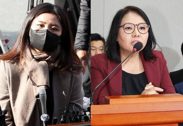 명태균씨의 법률대리인 김소연(왼쪽 사진) 변호사가 지난 8일 창원지검에 명씨와 출석해 취재진 질문에 답하고 있다. 강혜경씨의 변호를 맡고 있는 노영희 변호사는 지난 1일 국회에서 열린 운영위원회의 국정감사 현장에서 강씨를 적극 조력하며 명씨 관련 의혹을 파고들었다. 창원=뉴스1·연합뉴스