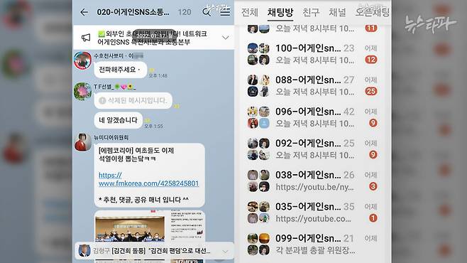 어게인SNS소통위원회가 운영한 단톡방 리스트(우). 위원회 책임자가 게시물을 '전파해달라'고 말하는 모습(좌). ※ 익명 제보자 제공