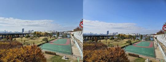 '갤럭시S24 FE'로 찍은 사진(왼쪽)과 '갤럭시S23 플러스'로 찍은 사진. 김나인 기자