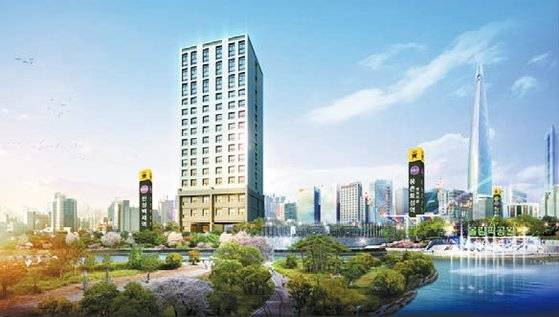 ‘잠실 시그니처 오피스텔’(투시도)은 서울 송파구 방이동 49-9번지에 오피스텔 96실, 근린시설 11실로 지어졌다.