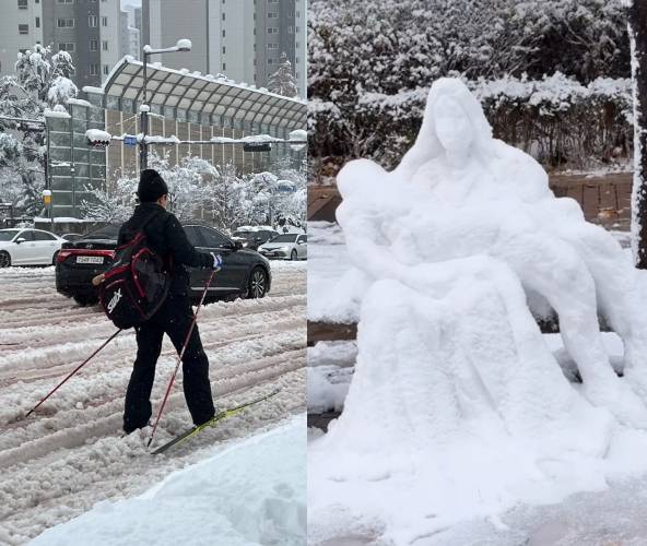 28일 경기도 수원시 광교의 한 도로에서 출근길 혼란을 피해 스키를 타고 한 시민이 출근하는 모습. 오른쪽은 피에타상이 연상되는 조각상 같은 눈사람. 출처: 온라인 커뮤니티, 엑스