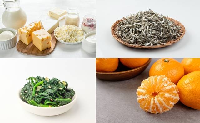 칼슘을 함유하고 있는 대표적인 식품들. (윗줄 왼쪽부터 시계방향으로) 우유와 치즈 등 유제품, 멸치, 귤, 시금치. 이미지투데이
