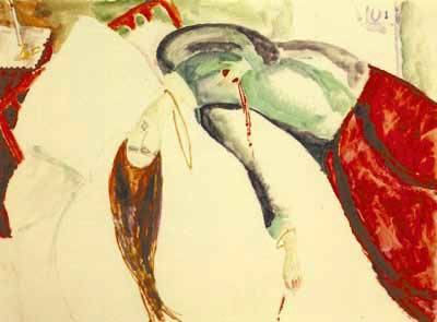 잔 에뷔테른, 수어사이드(La suicida), 연도미상, 종이에 수채, 20.7x27.9cm, 개인소장. 에뷔테른은 극단적 선택을 소재로 한 그림도 그렸다. 연도는 정확하게 알 수 없지만, 제작에 따른 물리적 시간을 따져볼 때 모딜리아니가 죽기 전에 이미 완성했던 것으로 보인다. 이는 즉, 에뷔테른의 머릿속에는 진작부터 이러한 결말 또한 그려지고 있었다는 걸 의미한다. 결국에는 불행으로 끝날 수 있다는 걸 알고 있었다는 이야기가 된다. 그녀는 그럼에도 사랑을 멈출 수 없었다. “스스로 극단적 선택을 한다면…. 어쩌면, 그만큼 괴로움이 크기 때문일지도 않을까요.” 에뷔테른은 친구에게 종종 이런 말도 했다고 한다.