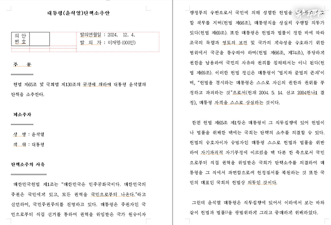 윤석열 대통령 '탄핵소추안' 1-2쪽.
