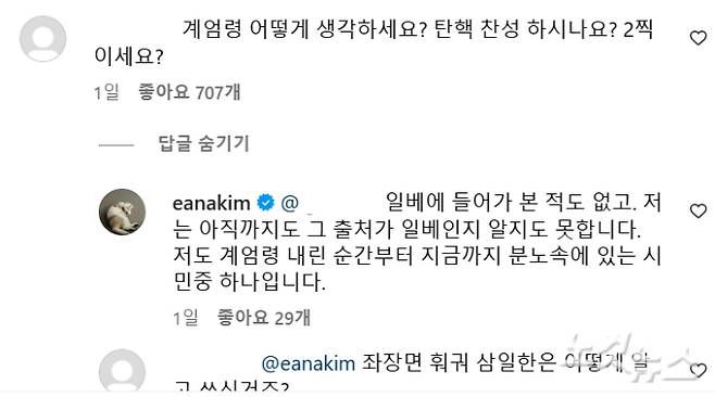 김이나가 인스타그램에 올린 댓글. 김이나 인스타그램