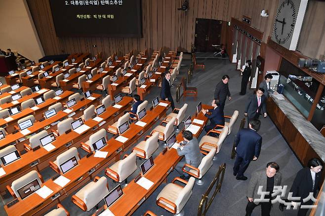 조배숙 의원을 포함한 국민의힘 의원들이 7일 서울 여의도 국회에서 열린 제418회국회(정기회) 제17차 본회의에서 윤석열 대통령 탄핵소추안이 상정되자 자리에서 일어나 본회의장에서 퇴장하고 있다. 박종민 기자