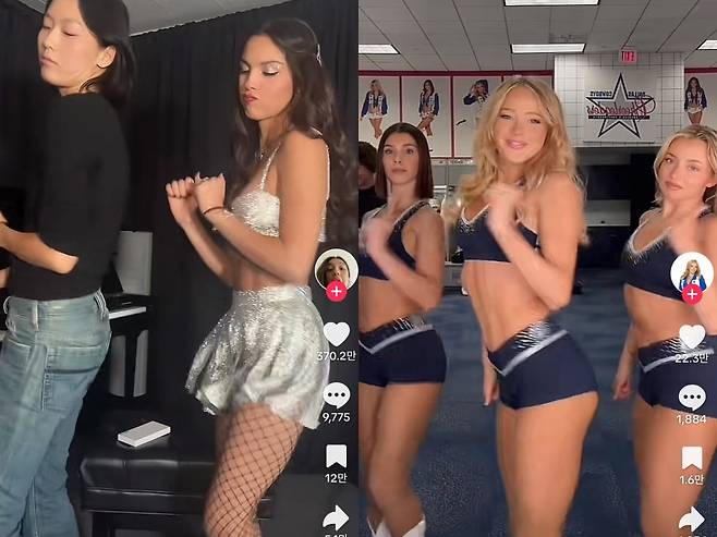 '삐끼삐끼' 챌린지를 올린 팝스타 올리비아 로드리고, 치어리더 카일리 딕슨. / 출처=올리비아 로드리고, 카일리 딕슨 틱톡