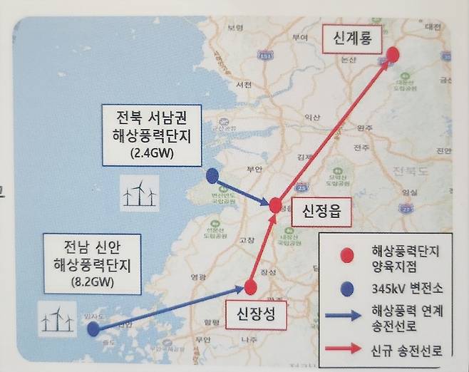 전북 서남권과 전남 신안 해상풍력단지 신장성~신계룡 송전선로 계통도(한전 제공)2024.12.16/뉴스1