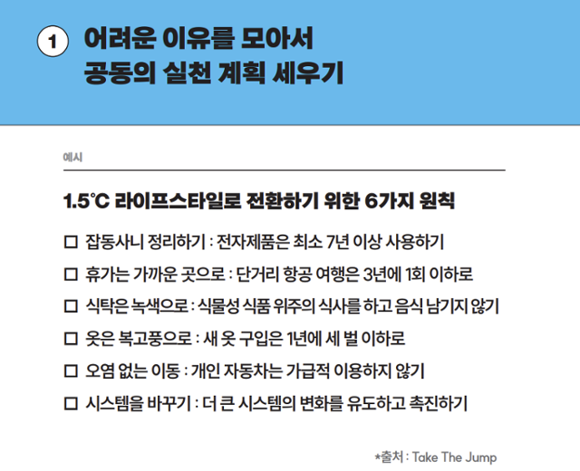 녹색전환연구소가 올해 7월 발표한 1.5도 라이프스타일 가이드북에 실려 있는 '실천 계획' 예시. 녹전연 가이드북 캡처
