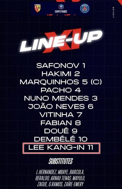 등번호 11번을 처음 달고 스타팅 멤버에 이름을 올린 PSG의 이강인./PSG