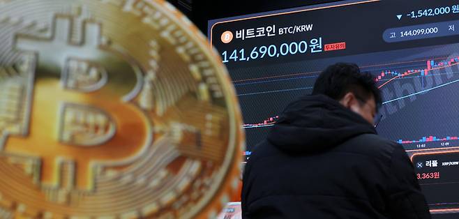 오르락내리락 지난 24일 서울 서초구 빗썸 라운지 강남점의 전광판에 비트코인 시세가 안내되고 있다. 당시 비트코인 가격은 한때 9만2000달러(약 1억3364만원)대로 떨어졌다가 25일 오전 3시 9만9404달러(약 1억4815만원)까지 5.5% 급등했다.뉴시스
