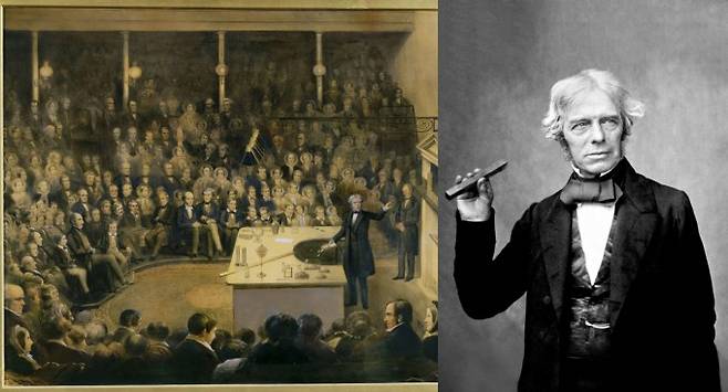 (왼쪽부터) 1856년 마이클 패러데이가 영국 왕립연구소에서 크리스마스 과학 강연을 하는 모습. 그가 19차례 진행한 크리스마스 강연은 현재까지도 왕립연구소의 전통으로 남아 칼 세이건, 리처드 도킨스 등의 유명 과학자들이 참여하는 행사로 이어지고 있다, 자기장과 유전체 실험에 사용한 유리 막대를 들고 있는 마이클 패러데이. 패러데이는 탁월한 실험 과학자이기도 했다. Public Domain 제공