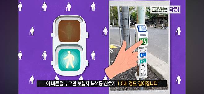 /조선일보 유튜브 '글쓰는 닥터'.일본의 횡단보도에는 고령자나 몸이 불편한 보행자를 위해 신호 시간을 늘려주는 버튼이 설치돼 있다.