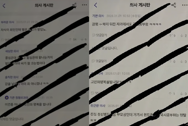 의대생·의사 커뮤니티에 여객기 참사 유가족인 의대생에 대한 조롱 댓글들이 올라왔다. (검게 칠한 부분은 개인정보가 담긴 워터마크를 가린 부위). 온라인 커뮤니티 제공.