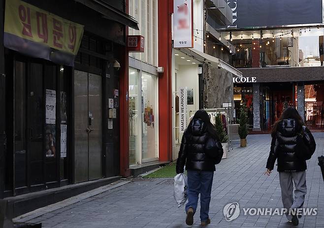 한국 경제 올해 성장 전망 1%대, 내수 회복은 더 어렵나? (서울=연합뉴스) 황광모 기자 = 정국의 불안으로 올해 한국의 경제 성장에 대한 예측이 1% 후반으로 예측된다. 사진은 7일 서울 중구 명동 중심의 상점이 임대 안내를 붙이고 비어 있는 모습. 2025.1.7 hkmpooh@yna.co.kr