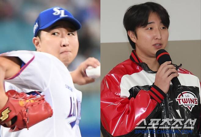 삼성 라이온즈 시절 최채흥(왼쪽)과 8일 신년 인사회에 유광점퍼를 입고 나온 최채흥. 스포츠조선DB, 사진제공=LG 트윈스