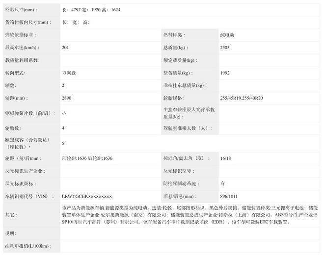 테슬라는 모델Y 페이스리프트 버전 3종 중 듀얼 모터 모델(모델명 TSL6480BEVBA7)에 LG에너지솔루션이 공급한 삼원계 배터리를 장착한다. (출처 : 중국공업신식화부)