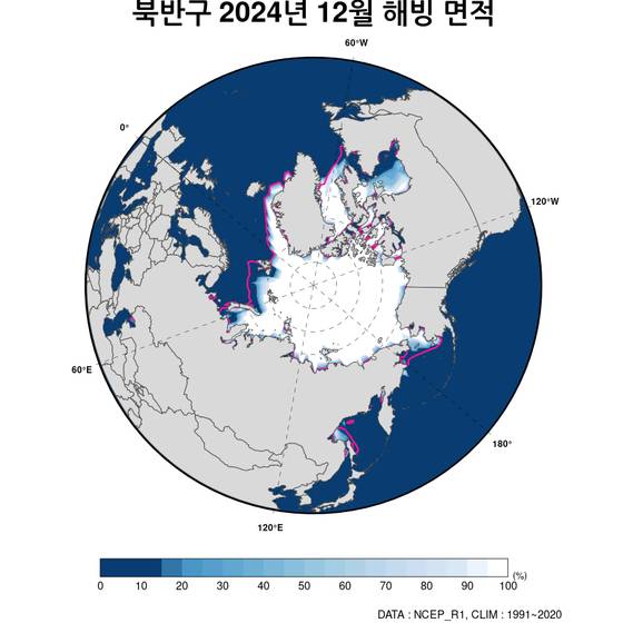 지난해 12월 기준 북극 해빙 면적(흰색). 자주색 선은 평년(1991~2020년) 기준 면적. 자료 기상청, 미 NSIDC