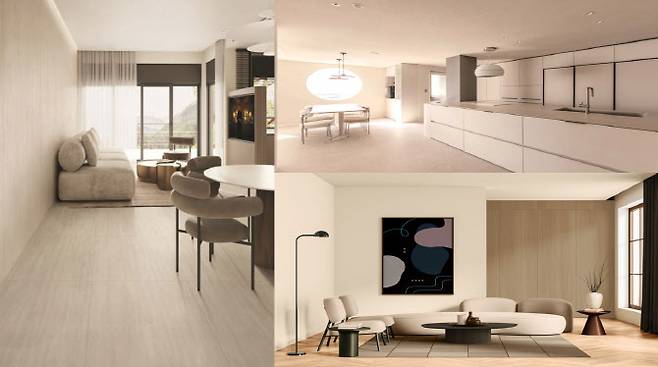 동화바닥마루의 ‘진 그란데 스퀘어’(왼쪽부터 시계방향), 한솔홈데코의 ‘스토리보드’, KCC글라스의 ‘홈씨씨 인테리어 필름’ 적용한 인테리어.(사진=각 사)