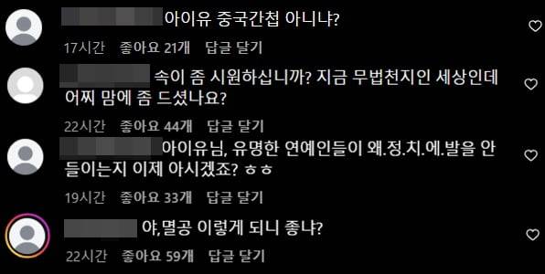 아이유 인스타그램에 달린 악성 댓글들. / 사진=인스타그램 캡처