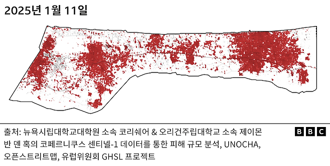 2025년 1월 11일 자 망가진 기반 시설을 표시한 지도