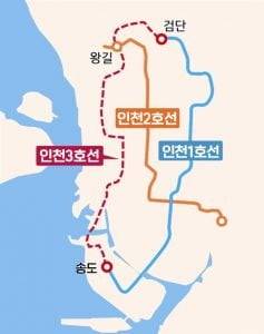 송도와 왕길을 지나 검단까지 가는 인천3호선