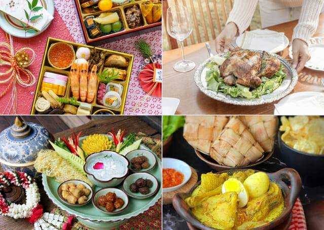 좌측 상단부터 시계방향으로 일본 오세치, 미국 칠면조, 태국 카오 채, 인도네시아 오포르 아얌(제공=365mc)