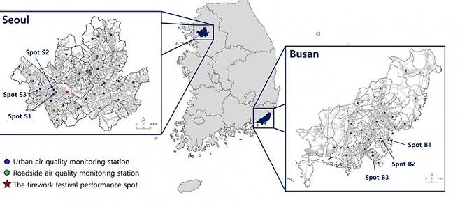 2023년 서울 세계불꽃축제와 부산 불꽃축제 위치 및 대기오염 측정소 위치. 고려대 제공
