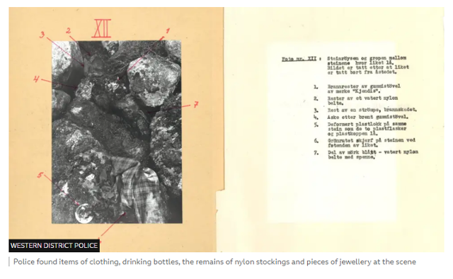 이스달 여인 사건 당시 노르웨이 경찰의 현장 분석 보고서. 현장에는 의류와 음료수 병, 보석 등이 시신을 둘러싼 모양으로 놓여 있었다. BBC 홈페이지 캡처