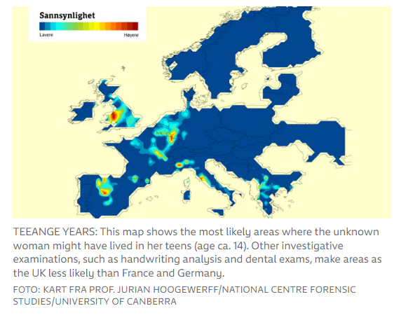 이스달 여인의 남아 있는 치아에 대해 2016년 동위원소 분석을 한 결과 이 여성이 10대 시절 살았을 가능성이 높은 지역을 표시한 그림. 영어가 서툴렀다는 목격담이 있는 만큼 영국은 후보에서 제외됐고, 필적 감정 결과 프랑스와 독일 국경지대 출신일 확률이 높은 것으로 분석됐다. NRK 홈페이지 캡처