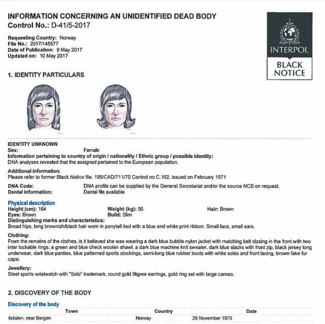 이스달 여인에 대해 인터폴에서 2017년 5월 발행한 블랙 노티스(흑색수배). 새로 그려진 여성의 몽타주가 포함돼 있다. 인터폴 문서 캡처