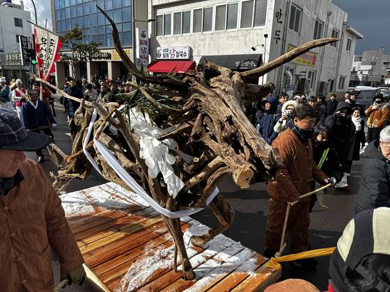 지난 4일 오후 2시 제주시 삼도2동 관덕정 인근 도로에서 진행된 탐라국입춘굿 '낭쉐몰이' 행진에 사용된 낭쉐(나무 소). 최충일 기자