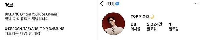 최승현의 빅뱅 활동명 ‘T.O.P’가 추가된 (왼쪽부터) 빅뱅 공식 유튜브 채널, 최승현 개인 인스타그램