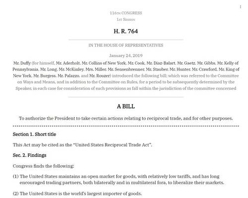 숀 더피 전 공화당 하원 의원이 2019년 트럼프 1기 때 발의한 상호 관세 도입을 위한 새 무역법 제정안. 당시 다수당인 민주당 반대로 입법 계획은 좌절됐고 트럼프 대통령은 집권 2기에서 다시 상호 관세 도입을 위한 법 제정 의지를 드러내고 있다. 1기 때 법안을 제안한 숀 더피 전 의원은 트럼프 2기 교통부 장관으로 중용된 상태다. <문서 이미지=미 의회>