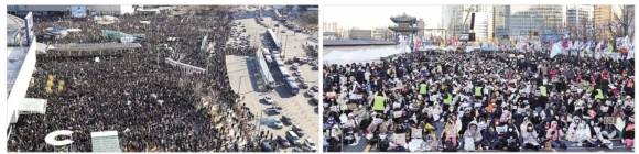 보수 성향 기독교 단체 세이브코리아가 지난 8일 오후 대구 동구 동대구역광장에서 주최한 국가비상기도회에 윤석열 대통령 탄핵을 반대하는 많은 인파가 몰렸다(왼쪽 사진). 오른쪽 사진은 윤석열 즉각 퇴진·사회대개혁 비상행동이 같은 날 오후 서울 종로구 경복궁역 일대에서 주최한 집회에서 시민들이 윤 대통령의 파면을 촉구하는 구호를 외치고 있는 모습. 대구·서울 뉴스1