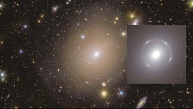 중력렌즈 효과로 생성된 은하 NGC 6505 아인슈타인 고리. 가운데를 확대한 사진은 우측에서 확인할 수 있다. (출처= ESA/Euclid/Euclid Consortium/NASA)