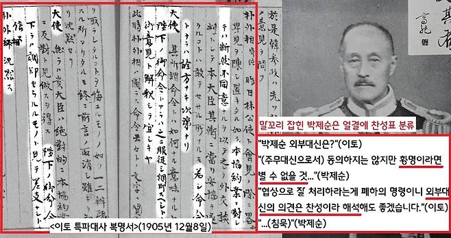 외부대신 박제순은 “조약체결에 동의할 수 없지만 황명이면 별 수 없다”고 했다. 이토는 “협상으로 잘 처리하라는게 폐하의 명령이니 외부대신의 의견은 찬성으로 봐도 좋겠다”고 해 해석했다.|<일본공사관기록> 24권 중