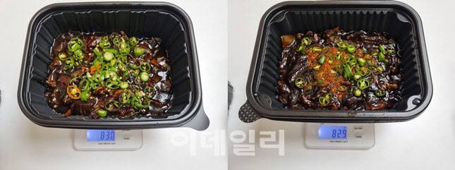 왼쪽부터 B지점 A지점. B지점은 고추기름과 마늘 소스가 위가 아니라 면 아래 들어있었다. A지점보다 두배 정도 많았다. (사진=한전진 기자)