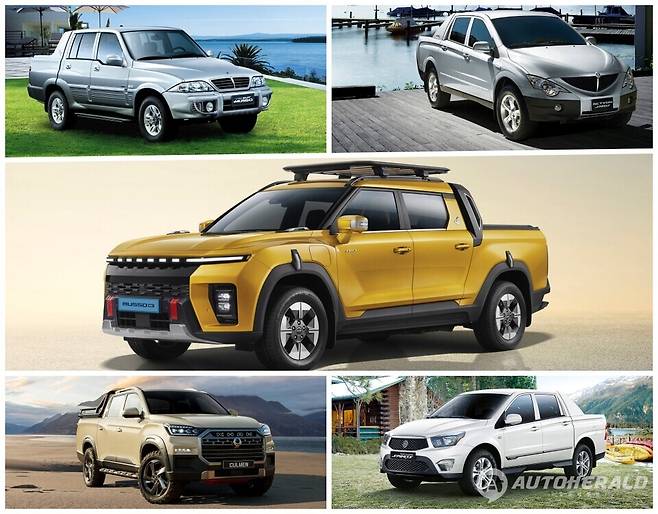 (시계 방향) 무쏘 스포츠, 액티언 스포츠, 코란도 스포츠, 렉스턴 스포츠 (사진 중앙) 무쏘 EV. (KG 모빌리티)