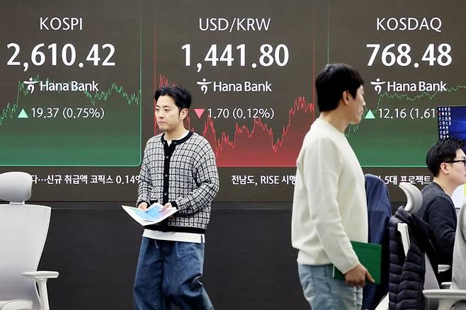 코스피가 17일 석 달 반 만에 2610대를 회복한 17일 오후 서울 중구 하나은행 딜링룸 현황판에 코스피·코스닥 종가가 표시돼있다.ⓒ연합뉴스