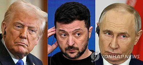왼쪽부터 트럼프, 젤렌스키, 푸틴 2025년 2월 7일 미국 워싱턴DC 백악관 이스트룸에서 열린 이시바 시게루 일본 총리와의 공동기자회견에서 촬영된 도널드 트럼프(왼쪽) 미국 대통령의 모습, 2024년 12월 19일 브뤼셀의 유럽연합(EU) 본부에서 열린 유럽위원회 종료 후 기자회견에서 볼로디미르 젤렌스키(가운데) 우크라이나 대통령의 모습, 2025년 1월 17일 모스크바 크렘린궁에서 이란 대통령과 회담한 후 언론발표회에 참석한 블라디미르 푸틴(오른쪽) 러시아 대통령의 모습을 합성한 사진. (Photo by various sources / AFP) 2025.2.18.