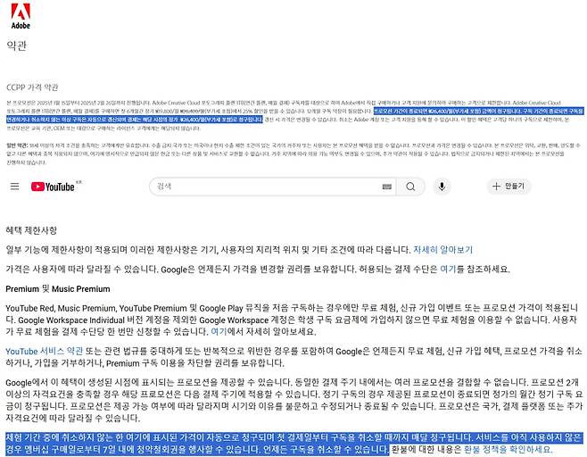 '가격 자동 청구'를 명시한 어도비(위)와 유튜브의 이용 약관. /각사 홈페이지 캡처
