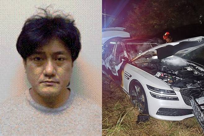 강도살해범 김명현 머그샷. 오른쪽은 피해자가 타고 있던 렌터카. 대전지검·충남 서산소방서 제공