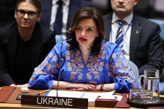 마리아나 베차 우크라이나 외무부 차관이 24일(현지시간) 열린 유엔 안보리 회의에서 연설하고 있다. AFP=연합뉴스